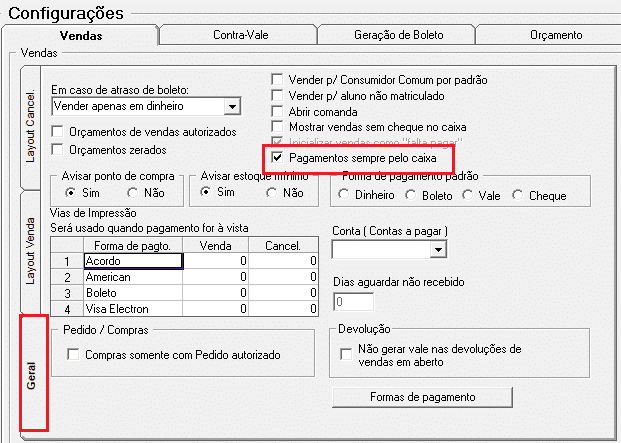 Configurações do módulo de Vendas do SisAlu - Software de Gestão Escolar